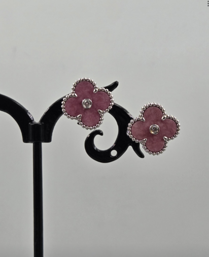 Clover Pink Rhodonite Dia Earrings