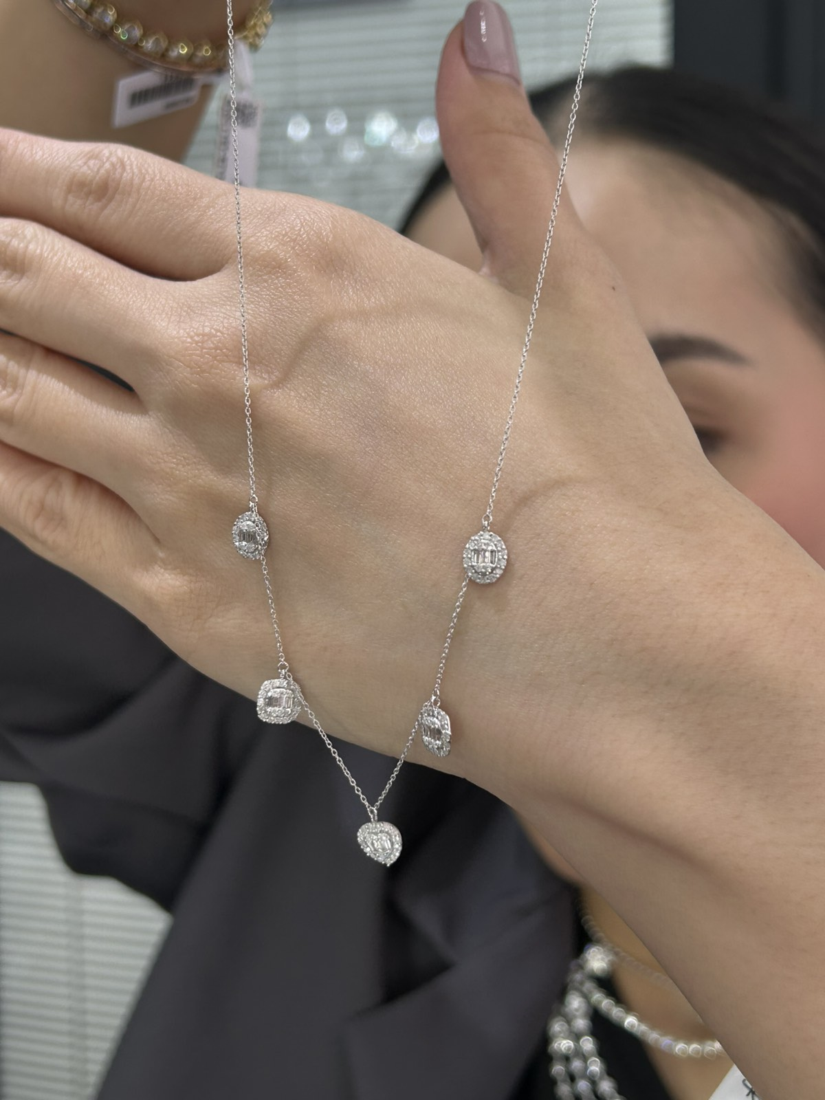 Stationary Baguette Oval, Princess, and Heart Halo Necklace