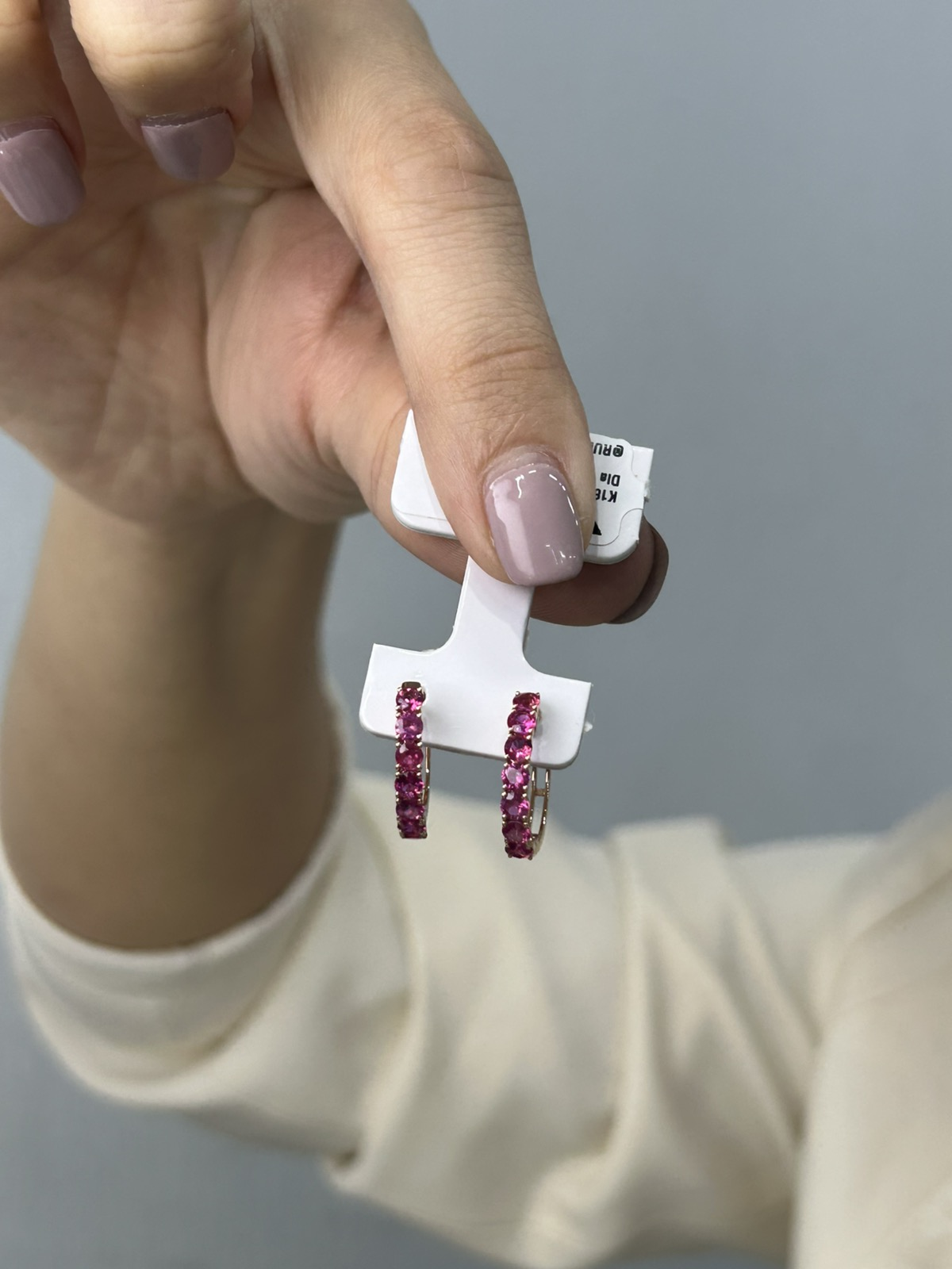 Half Pave Pink Gold Ruby Huggie Earings
